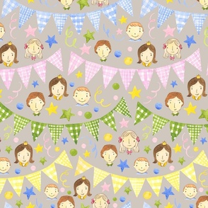 Watercolor, Hand Painted Pink Blue Yellow Green Gingham Banner, Cute Kids Faces on Taupe, Kid's Party , L