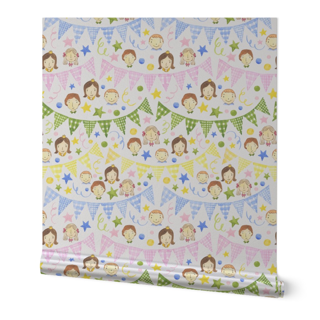 Watercolor, Hand Painted Pink Blue Yellow Green Gingham Banner, Cute Kids Faces on Off White, Kid's Party , L