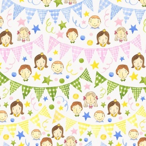 Watercolor, Hand Painted Pink Blue Yellow Green Gingham Banner, Cute Kids Faces on Off White, Kid's Party , L