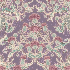 Thistle damask - 12" repeat antique muted colors wild floral with hungry caterpillars 