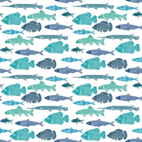 Blue, Teal, and Aqua Block Print Fish - Small