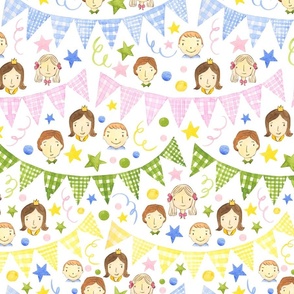 Watercolor, Hand Painted Pink Blue Yellow Green Gingham Banner, Cute Kids Faces on White, Kid's Party , L