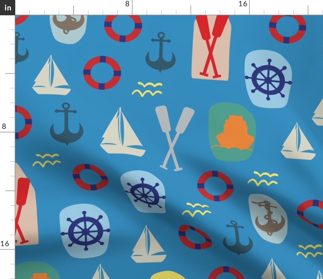 NA16 Mariner's Motifs 24" featuring ships, boats, anchors, paddles, lifebuoy rings, ropes, helms, waves, and lighthouses