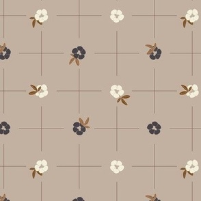 Delicate grid with bold small flowers polka dot style - beige and eggplant violet on tan brown background