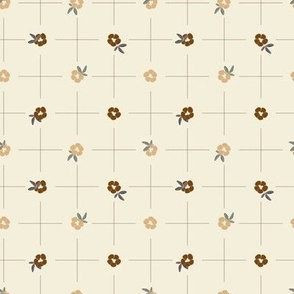 Delicate grid with bold small flowers polka dot style - desert sand brown and dark brown on beige background