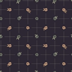 Delicate grid with bold small flowers polka dot style - beige and olive green on dark eggplant violet background