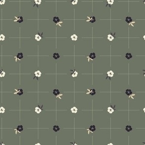 Delicate grid with bold small flowers polka dot style - beige and dark eggplant violet on dark olive green background