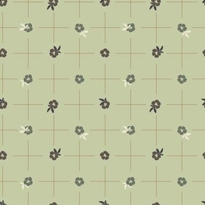 Delicate grid with bold small flowers polka dot style - eggplant violet and green on cool olive green background