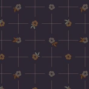 Delicate grid with bold small flowers polka dot style - artichoke green and dark brown on dark eggplant violet background