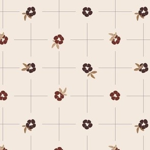 Delicate grid with bold small flowers polka dot style - red and dark brown on beige background