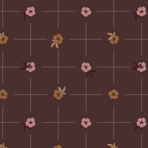 Delicate grid with small flowers polka dot style - rose quartz pink and goldenrod yellow on eggplant violet background