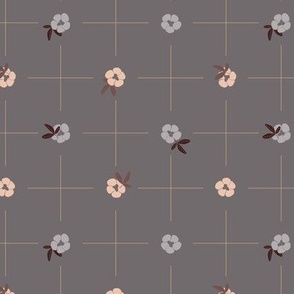 Delicate grid with bold small flowers polka dot style - apricot orange and silver grey on taupe grey background