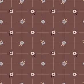 Delicate grid with bold small flowers polka dot style - linen white and silver grey on marsala red background