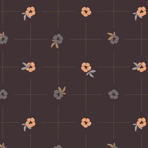 Delicate grid with bold small flowers polka dot style - apricot orange and grey on dark eggplant voilet background
