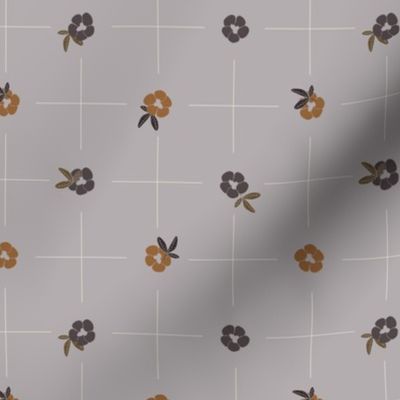 Delicate grid with bold small flowers polka dot style - copper brown and eggplant violet on silver grey background