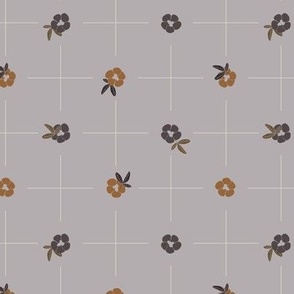 Delicate grid with bold small flowers polka dot style - copper brown and eggplant violet on silver grey background