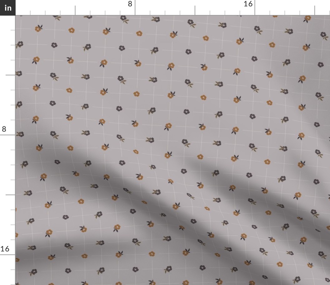 Delicate grid with bold small flowers polka dot style - copper brown and eggplant violet on silver grey background