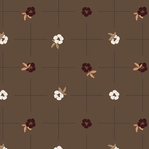 Delicate grid with bold small flowers polka dot style - white and dark eggplant violet on honey sepia brown background