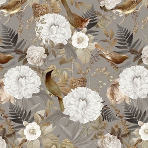 Romanticism: Vintage Golden Summer Birds And White Roses, Maximalism Moody Florals - Antiqued Peonies and Nostalgic Camellias- Antique Botany Wallpaper and Victorian Mystic inspired for powder room dark grey