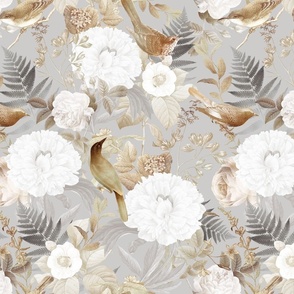 Romanticism: Vintage Golden Summer Birds And White Roses, Maximalism Moody Florals - Antiqued Peonies and Nostalgic Camellias- Antique Botany Wallpaper and Victorian Mystic inspired for powder room silver grey