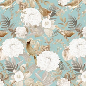 Romanticism: Vintage Golden Summer Birds And White Roses, Maximalism Moody Florals - Antiqued Peonies and Nostalgic Camellias- Antique Botany Wallpaper and Victorian Mystic inspired for powder room light turquoise