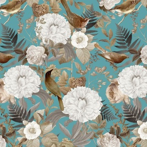 Romanticism: Vintage Golden Summer Birds And White Roses, Maximalism Moody Florals - Antiqued Peonies and Nostalgic Camellias- Antique Botany Wallpaper and Victorian Mystic inspired for powder room dark turquoise