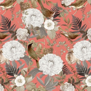 Romanticism: Vintage Golden Summer Birds And White Roses, Maximalism Moody Florals - Antiqued Peonies and Nostalgic Camellias- Antique Botany Wallpaper and Victorian Mystic inspired for powder room coral