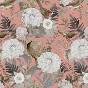 Romanticism: Vintage Golden Summer Birds And White Roses, Maximalism Moody Florals - Antiqued Peonies and Nostalgic Camellias- Antique Botany Wallpaper and Victorian Mystic inspired for powder room peach presvere