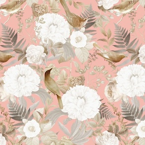 Romanticism: Vintage Golden Summer Birds And White Roses, Maximalism Moody Florals - Antiqued Peonies and Nostalgic Camellias- Antique Botany Wallpaper and Victorian Mystic inspired for powder room light peach