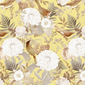 Romanticism: Vintage Golden Summer Birds And White Roses, Maximalism Moody Florals - Antiqued Peonies and Nostalgic Camellias- Antique Botany Wallpaper and Victorian Mystic inspired for powder room summer yellow