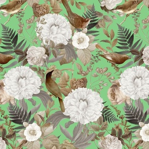 Romanticism: Vintage Golden Summer Birds And White Roses, Maximalism Moody Florals - Antiqued Peonies and Nostalgic Camellias- Antique Botany Wallpaper and Victorian Mystic inspired for powder room spring green