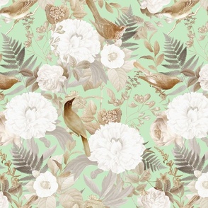 Romanticism: Vintage Golden Summer Birds And White Roses, Maximalism Moody Florals - Antiqued Peonies and Nostalgic Camellias- Antique Botany Wallpaper and Victorian Mystic inspired for powder room light green