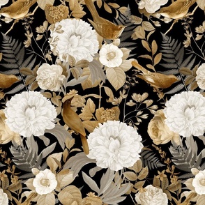 Romanticism: Vintage Golden Summer Birds And White Roses, Maximalism Moody Florals - Antiqued Peonies and Nostalgic Camellias- Antique Botany Wallpaper and Victorian Mystic inspired for powder room moody dark black