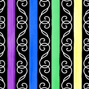 Medium Bright Watercolor Stripes with White Scrollwork on Black