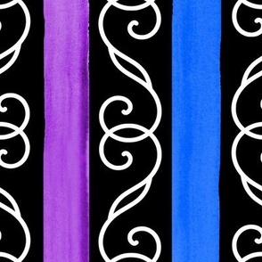 Large Bright Watercolor Stripes with White Scrollwork on Black