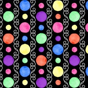 Small Bright Watercolor Polka Dots and White Scroll Stripes on Black