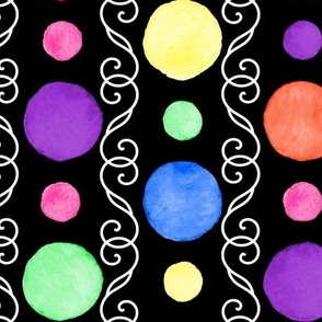 Medium Bright Watercolor Polka Dots and White Scroll Stripes on Black