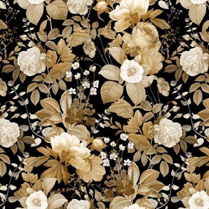 Vintage Golden Summer Birds And White Roses, Romanticism: Maximalism Moody Florals - Antiqued Peonies and Nostalgic Camellias- Antique Botany Wallpaper and Victorian Mystic inspired for powder room - black
