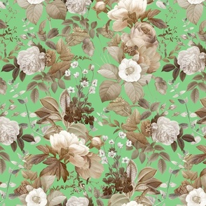 Vintage Golden Summer Birds And White Roses, Romanticism: Maximalism Moody Florals - Antiqued Peonies and Nostalgic Camellias- Antique Botany Wallpaper and Victorian Mystic inspired for powder room - green