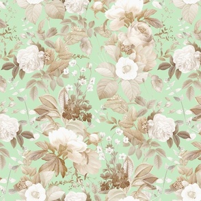 Vintage Golden Summer Birds And White Roses, Romanticism: Maximalism Moody Florals - Antiqued Peonies and Nostalgic Camellias- Antique Botany Wallpaper and Victorian Mystic inspired for powder room - light green