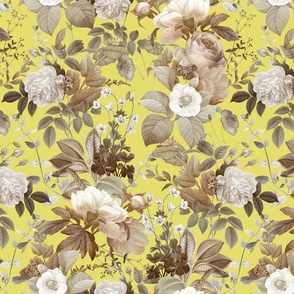 Vintage Golden Summer Birds And White Roses, Romanticism: Maximalism Moody Florals - Antiqued Peonies and Nostalgic Camellias- Antique Botany Wallpaper and Victorian Mystic inspired for powder room -  yellow sepia