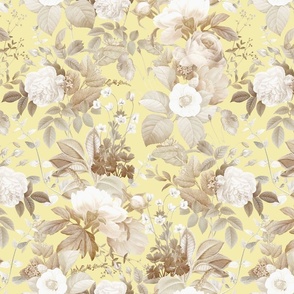 Vintage Golden Summer Birds And White Roses, Romanticism: Maximalism Moody Florals - Antiqued Peonies and Nostalgic Camellias- Antique Botany Wallpaper and Victorian Mystic inspired for powder room -  yellow light sepia