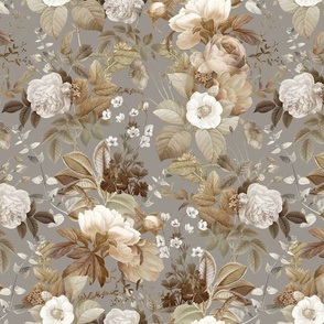 Vintage Golden Summer Birds And White Roses, Romanticism: Maximalism Moody Florals - Antiqued Peonies and Nostalgic Camellias- Antique Botany Wallpaper and Victorian Mystic inspired for powder room - grey sepia 