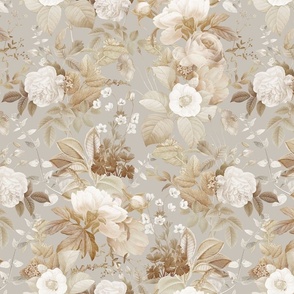 Vintage Golden Summer Birds And White Roses, Romanticism: Maximalism Moody Florals - Antiqued Peonies and Nostalgic Camellias- Antique Botany Wallpaper and Victorian Mystic inspired for powder room - grey