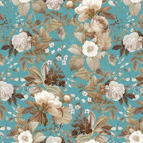 Vintage Golden Summer Birds And White Roses, Romanticism: Maximalism Moody Florals - Antiqued Peonies and Nostalgic Camellias- Antique Botany Wallpaper and Victorian Mystic inspired for powder room - turquoise