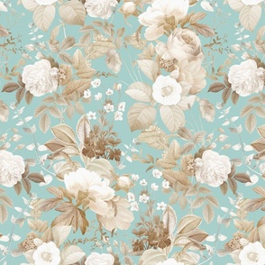 Vintage Golden Summer Birds And White Roses, Romanticism: Maximalism Moody Florals - Antiqued Peonies and Nostalgic Camellias- Antique Botany Wallpaper and Victorian Mystic inspired for powder room - turquoise sepia