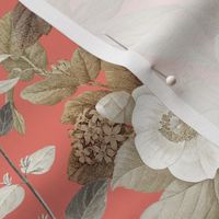 Vintage Golden Summer Birds And White Roses, Romanticism: Maximalism Moody Florals - Antiqued Peonies and Nostalgic Camellias- Antique Botany Wallpaper and Victorian Mystic inspired for powder room - Coral 