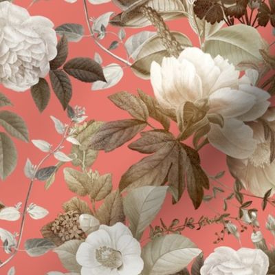 Vintage Golden Summer Birds And White Roses, Romanticism: Maximalism Moody Florals - Antiqued Peonies and Nostalgic Camellias- Antique Botany Wallpaper and Victorian Mystic inspired for powder room - Coral 