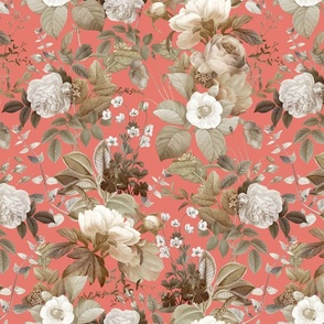 Vintage Golden Summer Birds And White Roses, Romanticism: Maximalism Moody Florals - Antiqued Peonies and Nostalgic Camellias- Antique Botany Wallpaper and Victorian Mystic inspired for powder room - Coral 