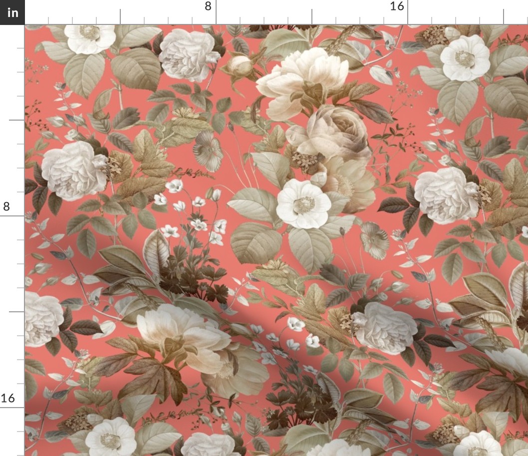 Vintage Golden Summer Birds And White Roses, Romanticism: Maximalism Moody Florals - Antiqued Peonies and Nostalgic Camellias- Antique Botany Wallpaper and Victorian Mystic inspired for powder room - Coral 